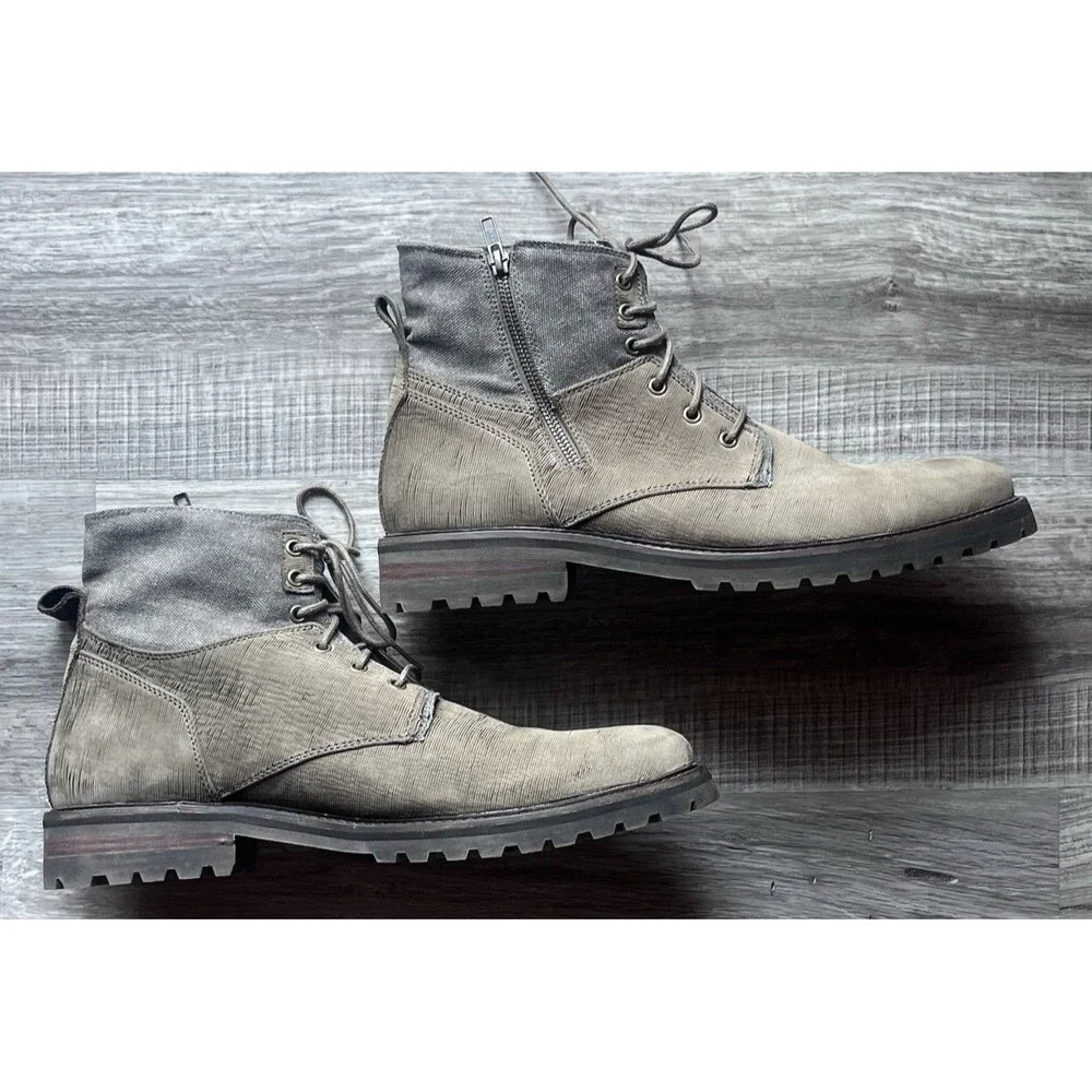 Mark Nason Boots Mens 13 Combat Boots Brown/Gray Leather Canvas Side Zip 68240